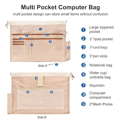 Laptop Bag for Women 17 Inch, Leather Laptop Tote Bag Waterproof Computer Bag Office Work Bag Business Briefcase with Compartment&Shoulder Straps (A3-Beige/Brown Flower, 17.3 inch) - color: A3-beige/Brown Flower