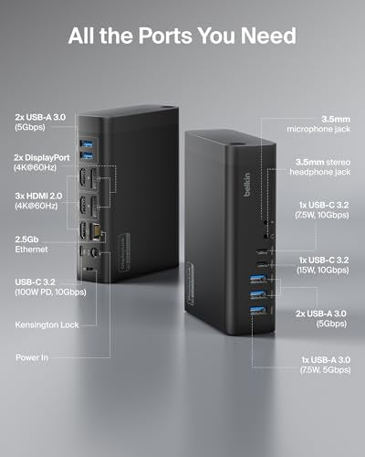 Belkin Connect 16-in-1 Docking Station 100W, Triple Display USB C Dock w/ 4K@60Hz Support, DisplayLink Technology - USB C Dock w/ 10Gbps Data Transfer, 2.5Gb Ethernet Port - Laptop Expansion Hub - style: 16-in-1, Triple Display, 100W