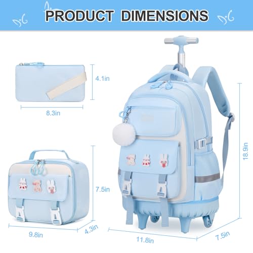 DIGOBAY Rolling Backpack for Girls, Roller Bag with Lunch Box Pencil case | Kawaii Girls Roller Backpack With Wheels School Bookbag With Cute Pins for Elementary Middle School, Blue - color: Blue