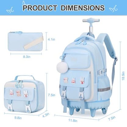 DIGOBAY Rolling Backpack for Girls, Roller Bag with Lunch Box Pencil case | Kawaii Girls Roller Backpack With Wheels School Bookbag With Cute Pins for Elementary Middle School, Blue - color: Blue