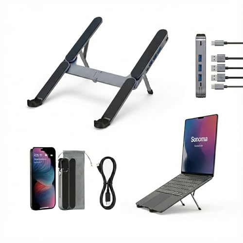 YUATAUY Ultra Compact Laptop Stand with 4 USB Ports, USB Hub for Desk, Foldable Portable for Travel, Library, Home, Office, Cafe, 6-Level Ergonomic Adjustable Aluminum Holder for 10-16" Laptops