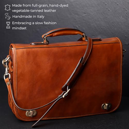 Time Resistance Leather Briefcase for Men - Italian Full Grain Leather Laptop Bag - Messenger Bag - Gift Box Included - color: Brown