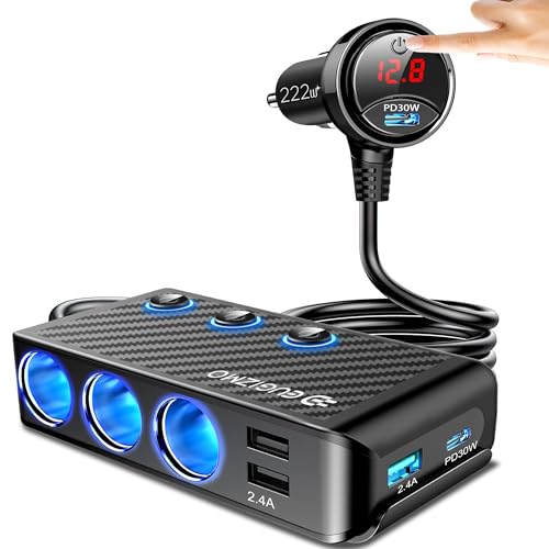 EUGIZMO 8 in 1 Cigarette Lighter Adapter,3 Socket Car Charger Plug Splitter | 12V/24V PLug in Outlet with Voltage Visible Independent Switches 2 PD30W & 3 USB-A Ports Fast-Charge Phones and Dash Cams