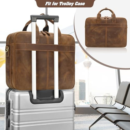 Jack&Chris Full Grain Leather Briefcase for Men, Business Messenger Bag Laptop Bag Attache Case, Fits 15.6 Inch Laptop - color: Brown New-15.6inch