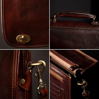 Time Resistance Leather Briefcase for Men - Italian Full Grain Leather Laptop Bag - Messenger Bag - Gift Box Included - color: Dark Brown