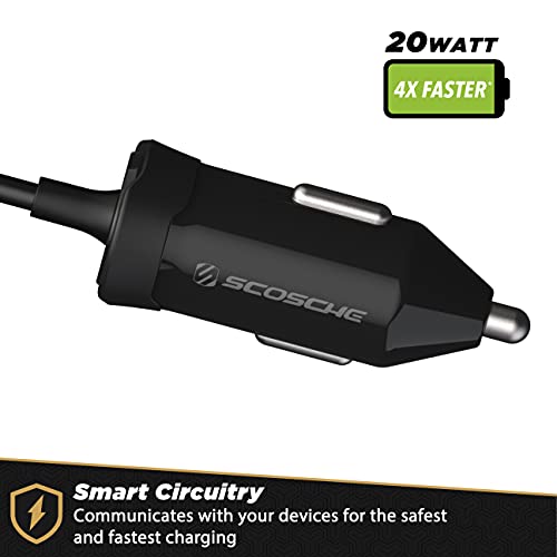 Scosche CPDi4203 PowerVolt 20-Watt MFi Certified Fast Car Charger Power Delivery 3.0 with Attached 4-Foot Adjustable Coiled Lightning Cable for All Lightning Devices - style: 20W w/ Lightning Cable