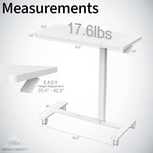 VIVO White Mobile 32 x 16 inch Over Couch Laptop Table, CART-V02L-W | Height Adjustable Bedside Desk for Recliner, Laptop Cart with Hidden Caster Wheels, Holds 17.6 lbs - color: White, size: 32 x 16 inch
