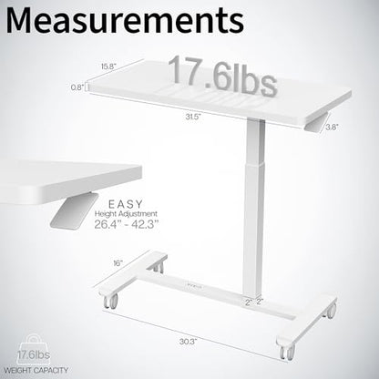 VIVO White Mobile 32 x 16 inch Over Couch Laptop Table, CART-V02L-W | Height Adjustable Bedside Desk for Recliner, Laptop Cart with Hidden Caster Wheels, Holds 17.6 lbs - color: White, size: 32 x 16 inch