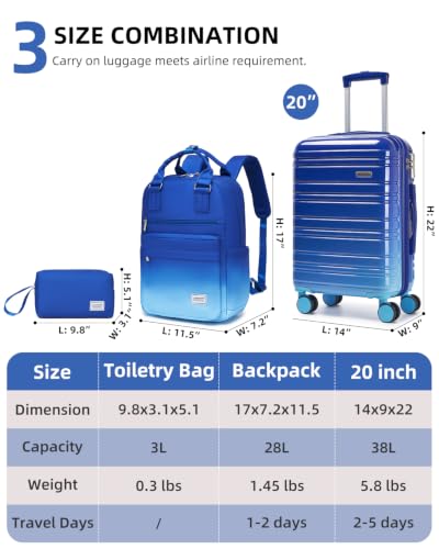 LARVENDER Carry on Luggage Sets 3 Piece, 20 Inch Suitcases, Navy Glow | 22x14x9 Airline Approved, Gradient PC+ABS Hardshell, Smooth 360° Wheels, TSA Lock, 3-Piece Set with Color-matched Backpack - color: Navy Glow 20BP, size: 3 Piece Set (Backpack/TB/20)