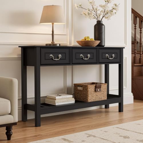 Sofa Table - Entryway Table with Drawers, Narrow Console Table for Living Room, 53” Long Farmhouse Sofa Table with 3 Drawers & 2-Tier Shelves,Black Oak Finish for Hallway or Behind Couch - color: Black