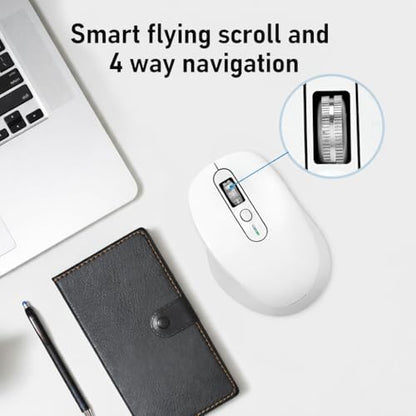 INFINMIND Wireless Bluetooth Mouse, Multi Device (BT1/BT2 + 2.4G USB) Mouse for Laptop, iPad & Mac, 4-Way Scroll with Side Buttons, Silent Click Ergonomic Offce Mouse, Adjustable DPI (White - color: White
