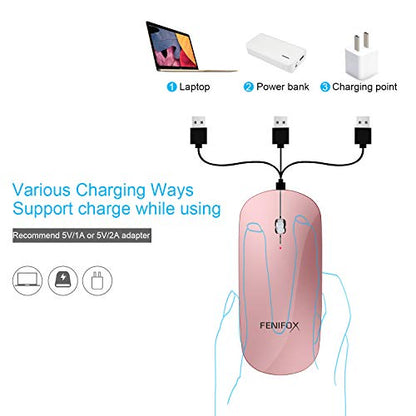FENIFOX Bluetooth Mouse Slim, Whisper-Quiet Mini Flat Portable Mobile Mice Rechargeable Compatible with Laptop,PC,Android Windows Tablet (Rose Gold) | Flat, Portable, Whisper Quiet, 3 Buttons Design , 2400 DPI Precision for iPad Laptop MacBook Tablet iPho