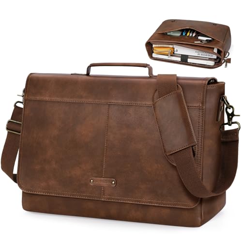 RAINSMORE Vintage Flap Messenger Bag for Men PU Leather Laptop Bag 15.6 Inch Mens Briefcase Waterproof Satchel Computer Bag - color: Brown