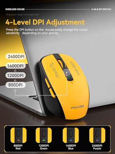 FMOUSE Wireless Mouse, Bluetooth & 2.4GHz Dual Mode, No Charging Needed (AA Battery), Silent Click, Side Shortcut Keys, 4-Level DPI, Compact for MacBook Laptop iPad PC – Yellow & Black - color: Yellow and Black