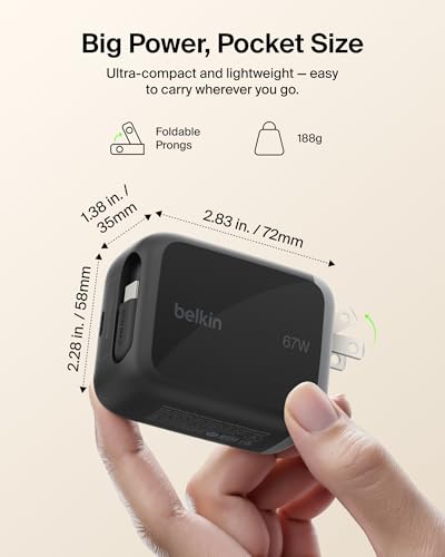 Belkin 67W GaN USB C Retractable Charger Block Fast Charging for Travel | 3.3ft Retractable Cable, USB C Port, iPhone 17, Galaxy S26, AirPods, iPads, MacBook, Travel Charger, Charge Up to 2 Devices - color: Black, style: 67W