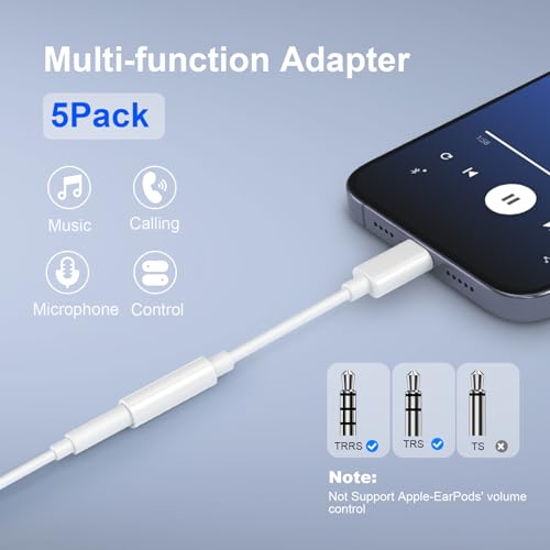 5-Pack USB-C to 3.5mm Headphone Jack Adapter, 24bit HiFi DAC, USB C to Aux Audio Dongle Cable for iPhone 17/16/15 Pro, 17/16/15 Pro Max, iPad Pro, MacBook, Samsung S21-25, Pixel 7-5