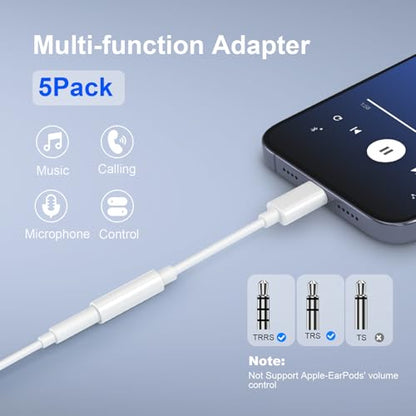 5-Pack USB-C to 3.5mm Headphone Jack Adapter, 24bit HiFi DAC, USB C to Aux Audio Dongle Cable for iPhone 17/16/15 Pro, 17/16/15 Pro Max, iPad Pro, MacBook, Samsung S21-25, Pixel 7-5