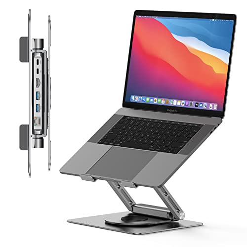 Tobenone Laptop Docking Station Stand for MacBook Pro/Air/Dell/HP/Surface/Lenovo, Mac Docking Station with 4K HDMI, USB 3.0, RJ45, PD 3.0, USB C Laptop Stand Hub for Desk with 360 Rotating Base Grey