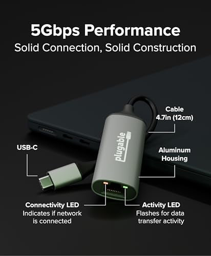 Plugable USB-C to Ethernet Adapter, Windows/macOS/ChromeOS | 5Gbps USB-C to Ethernet Adapter - 5x Faster Than Gigabit, Plug-and-Play Realtek RTL8157, Windows, macOS, ChromeOS