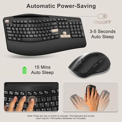 Wireless Keyboard and Mouse Combo, 2.4G Full Size Wave Keys Ergonomic Keyboard with Wrist Rest, Phone Holder, 3-Level DPI Wireless Silent Mouse with 6-Buttons, for Windows (Latte Black) - color: Latte Black