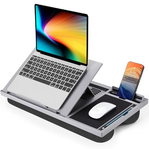 Adjustable Laptop Desk with Cushion, Mouse Pad & Cellphone Slot - Laptop Stand for Bed & Couch, Riser for Home & Office (Grey) | Built-in mouse pad, phone & pen slots, dual-cushion base, anti-slip design, raises the screen, for home office, bed, sofa - co