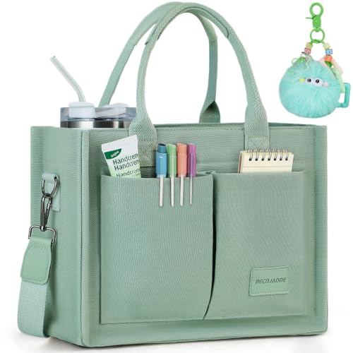BECOJADDE Structured Canvas Tote Bag for Women, Multi-Compartment Zippered Purse for Work Bible Travel - color: Green, size: Medium