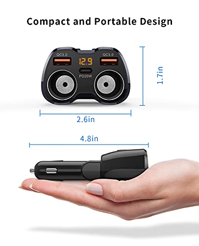 Cigarette Lighter Splitter, SUPERONE 180W 2-Socket Adapter with PD USB-C | Dual QC3.0 & 20W USB C Car Charger, 2026 Upgraded Cigarette Lighter Adapter for GPS/Dash Cam/Laptop/iPad/iPhone17/16/15/14/13 - color: Black