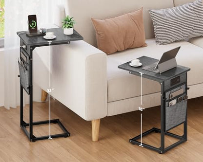Vagusicc C-Shaped End Tables Set of 2 with Charging Station, 33'' Tall C Table Adjustable Height Side Table for Couch, Small Couch Table that Slide Under Sofa, TV Trays for Living Room, Gray Walnut - color: 2pc Gray Walnut, style: With Plug