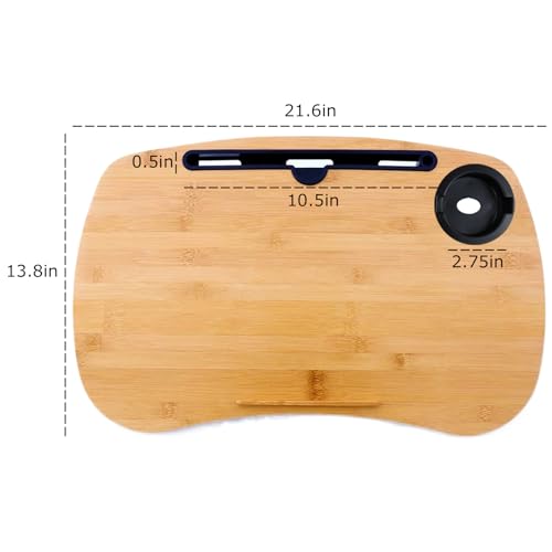 Lap Desk for Laptop with Cushion, Cup Holder-Fits up to 18 inch | Bamboo Computer Laptop Stand with Phone Hoder, Anti-Slip Stopper - size: 21.6"x13.8" with Cup Holder