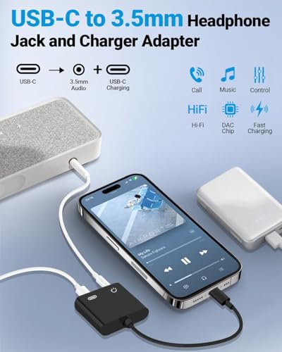 Seulliya USB C to 3.5mm Headphone Jack and Charger Adapter, 2-in-1 Audio & Fast Charging Splitter for Apple iPhone 17/16/15/Pro/Pro Max, iPad, Samsung, Pixel, and More 2Pack Black - color: Black