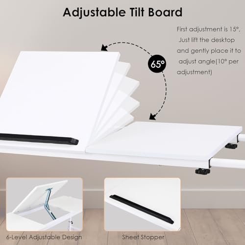 Overbed Table with Wheels,60.6-84.2 inches Mobile Bed Desk, White | Rolling Computer Desk with 0-65°Tilt Stand,4 Heights and 6 Lengths,Side Storage Basket,for Home,Office and Hospital - color: White