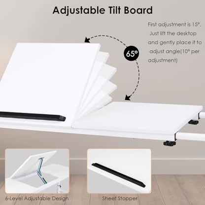 Overbed Table with Wheels,60.6-84.2 inches Mobile Bed Desk, White | Rolling Computer Desk with 0-65°Tilt Stand,4 Heights and 6 Lengths,Side Storage Basket,for Home,Office and Hospital - color: White