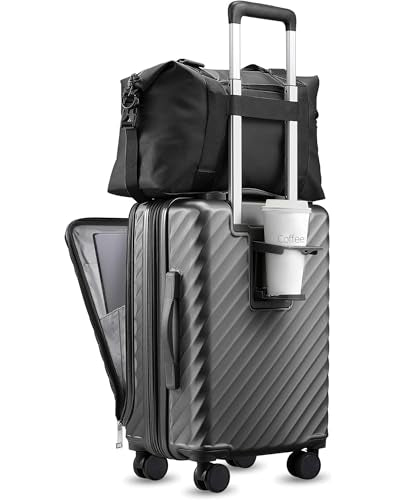 LUGGEX Carry On Luggage with Front Compartment and Cup Holder, KVF Expandable PC Hard Shell Suitcase with Front Pocket (FX-Plus, Gunmetal, 2-Piece (20/Tote)) - color: Gunmetal