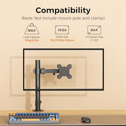 suptek Single Monitor Arm, Universal 1 Tier Arm Fully Adjustable Pole Mount Bracket Monitor Mounting for 13 to 32 inch Screen, Weight up to 22lbs, Mounting Holes 75x75mm to 100x100mm,Black - size: 1 Tier Monitor Arm