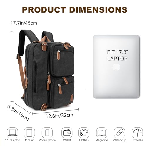 koolehaoda 3 in 1 Convertible Briefcase Backpack 17.3 inch Laptop Backpack Case Messenger Bag for Men, Multi-Functional Computer Bag for Travel Bussiness Men Women (Black) - color: Black