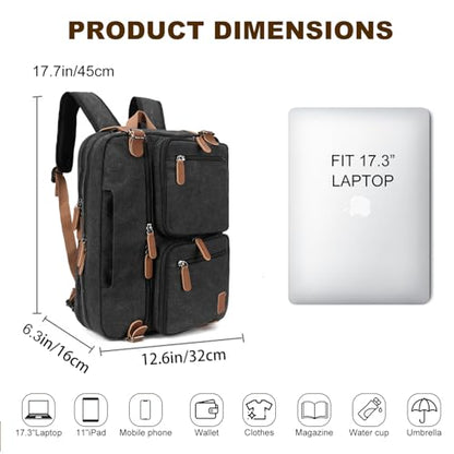 koolehaoda 3 in 1 Convertible Briefcase Backpack 17.3 inch Laptop Backpack Case Messenger Bag for Men, Multi-Functional Computer Bag for Travel Bussiness Men Women (Black) - color: Black
