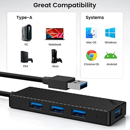 USB Hub 3.0 4-Port, Ultra Slim Data USB Splitter with 2ft Extended Cable Compatible for PC, MacBook, Mac Pro/Mini, iMac, Laptop, Surface Pro, PS4, XPS, Flash Drive, Xbox One, Mobile HDD