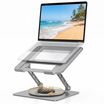 Aluminum Laptop Stand for Desk, Heavy Duty Computer Stand with 360° Rotating Base, Ergonomic Adjustable Height Notebook Riser, Compatible with MacBook Pro/Air, Dell, HP, 10-17” Laptops - Silver - color: Silver