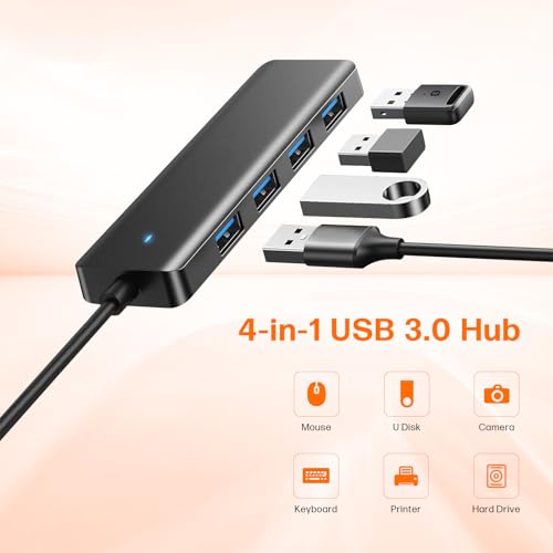 USB Hub 4 Ports, Multiple USB 3.0 Hub, USB A Splitter Ultra-Slim USB Expander for Mouse, Keyboard, Flash Drive, U Disk, Printer, Laptop PC, Desktop and More