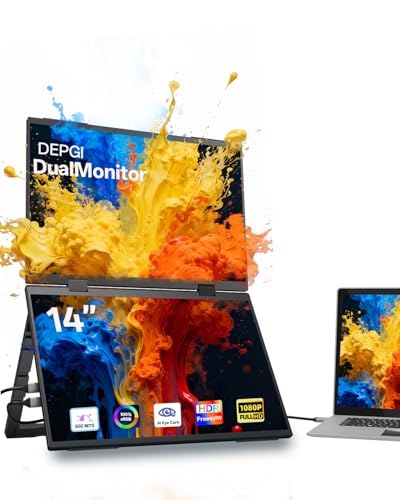 DEPGI 14" Dual Portable Laptop Screen Extender, Stacked Dual Portable Monitor for 13"-16" Laptops, Foldable Triple Screen with 30W PD Adapter, USB-C One-Cable Plug & Play for MacBook, Windows