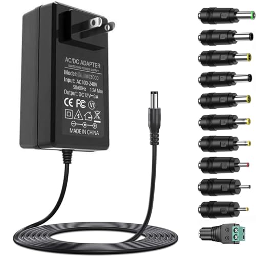 12V 3A Power Supply AC Adapter Charger with 11 Changeable DC Plug Tips AC120V to DC 12Volts 3A 2.5A 2A 1.5A 1A Power Adapter DC12V Switching Power Supply Cord for LED Strip Lights GPS PC Display - color: 3A, size: DC12V