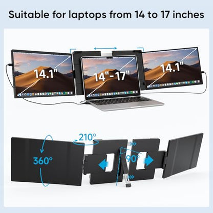 14" FHD 1200P IPS Laptop Screen Extender Fits 14"-17.3" Laptops | Triple Portable Monitor for Laptop, Plug & Play Dual Screen Compatible with Win, Mac, Android&Chrome OS