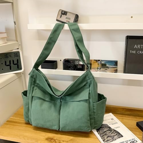 Cute Canvas Tote Bag for School/Work/Travel, Large Crossbody Messenger Bag Laptop Shoulder Bag - color: Dark Forest Green