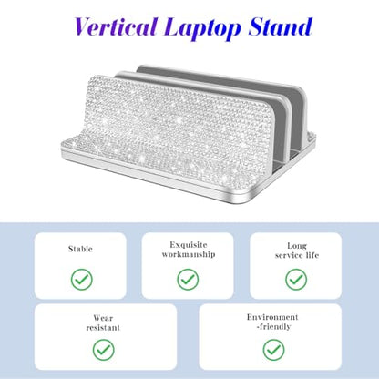 Bling Vertical Laptop Stand, Double Desktop Stand Holder with Adjustable Dock (Up to 17.3 inch),Compatible with All MacBook/Surface/Samsung/HP/Dell/Chrome Book (Silver Glitter Rhinestones)