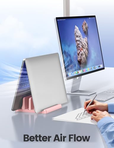 Vaydeer Vertical Laptop Stand for Desk, Dual Slots Plastic Laptop Holder with Space Saving 4-in-1 Design, Adjustable Laptop Stand Supports MacBook, Chromebook, Surface, Dell (Pink) - color: Pink