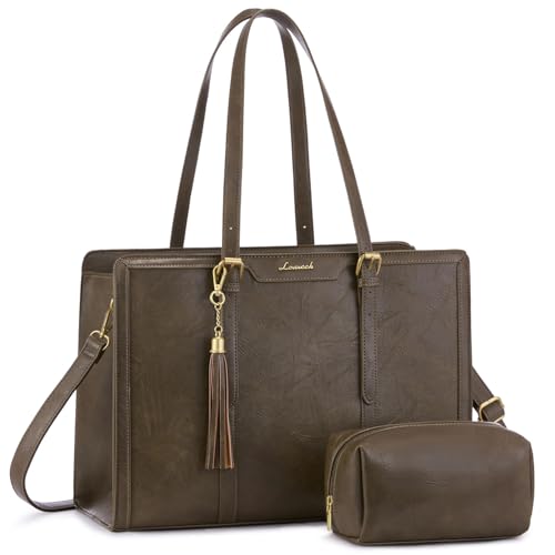 LOVEVOOK Laptop Bag for Women Vintage Leather Work Tote 15.6 inch Large Capacity Computer bag with Clutch Purse for Office, Travel, Casual - color: Olive Green, size: 15.6 inch