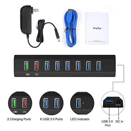 RAOYI Powered USB 3.0 Hub, 8 Ports High Speed USB 3.0 Hub Splitter with 36W Power Adapter, 3.3ft Cable and Smart Fast Charger USB Hub for Laptop, PC, Mobile HDD, Mulitple Devices (Black) - size: Black, style: 8-Port 36W Trapezoid