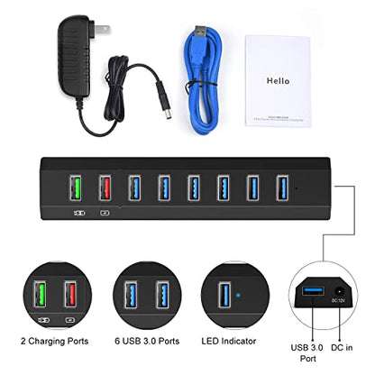 RAOYI Powered USB 3.0 Hub, 8 Ports High Speed USB 3.0 Hub Splitter with 36W Power Adapter, 3.3ft Cable and Smart Fast Charger USB Hub for Laptop, PC, Mobile HDD, Mulitple Devices (Black) - size: Black, style: 8-Port 36W Trapezoid