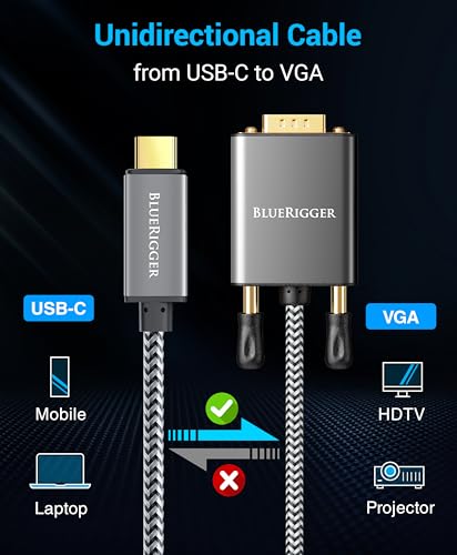 BlueRigger 6FT USB-C to VGA Cable - 1080p Display, Compatible with Laptop, Phone, Tablet, HDTV, Monitor, Projector - size: 6FT, style: USBC-VGA