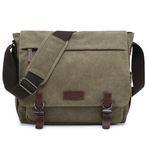 Large Vintage Canvas Messenger Shoulder Bag Travel Crossbody Purse Briefcase Business Bag for 15inch Laptop - color: Army Green
